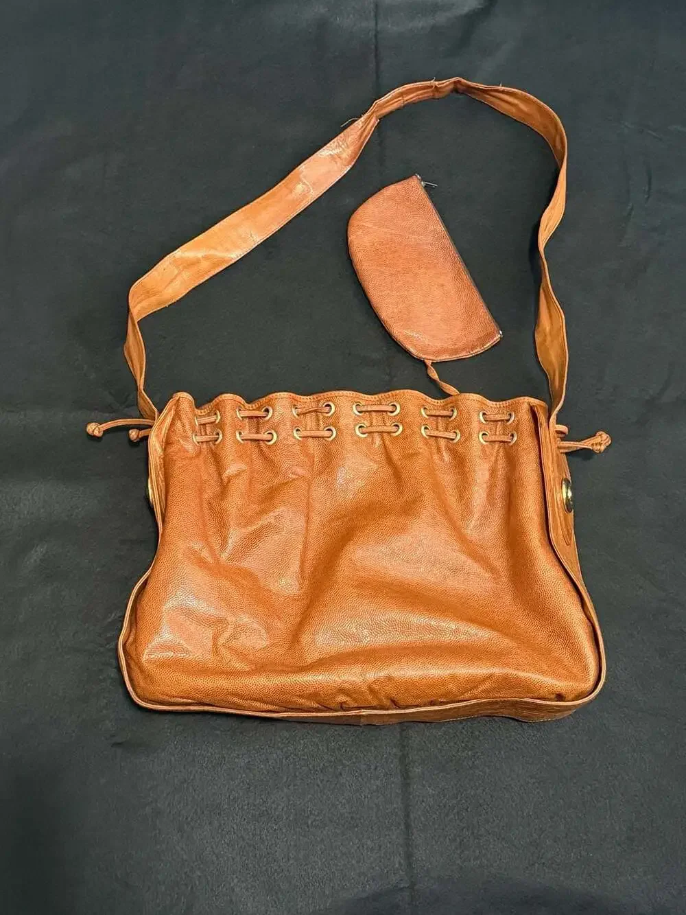 Impulse by Sharif Brown Leather Drawstring Hobo Shoulder Bag with Pouch
